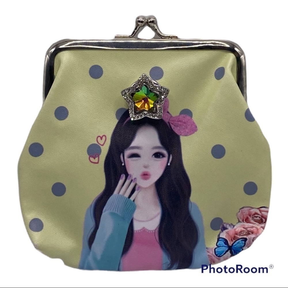 Cute Green Snap Jewelry Purse w/ Brunette Girl & 18mm multicolored Star in Hair